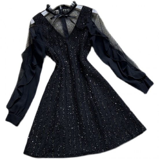 Black Mesh Collar Bow Long-sleeved Dress Black Mesh Collar Bow Long-sleeved Dress