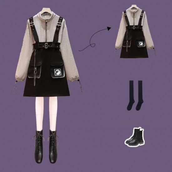 Punk Zipper Chain Pocket Sweatshirt Dress Punk Zipper Chain Pocket Sweatshirt Dress