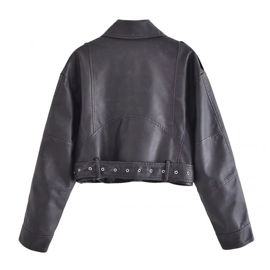Women's Leather Jacket Bomber Belt Vintage Turn Down Collar Zipper Short Coat Women's Leather Jacket Bomber Belt Vintage Turn Down Collar Zipper Short Coat