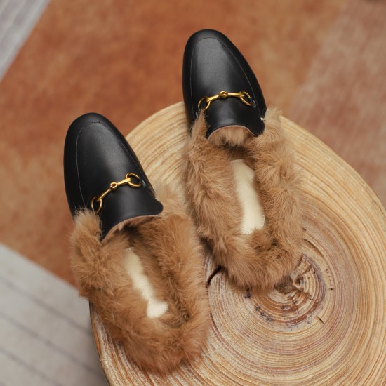 Women Leather Fur Flat Slippers Mules Women Leather Fur Flat Slippers Mules