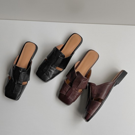 Women's Handmade Leather Closed Toe Casual Hollow Out Flat Mules Sandals Women's Handmade Leather Closed Toe Casual Hollow Out Flat Mules Sandals