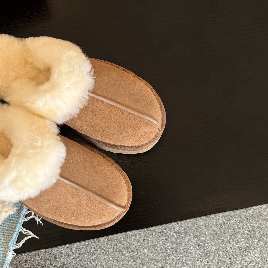 Womens Genuine Suede Leather Wool Fluffy Winter Mules Womens Genuine Suede Leather Wool Fluffy Winter Mules