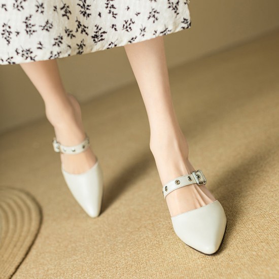 Womens Leather Pointy Toe Buckle Strap Heels Mules Womens Leather Pointy Toe Buckle Strap Heels Mules