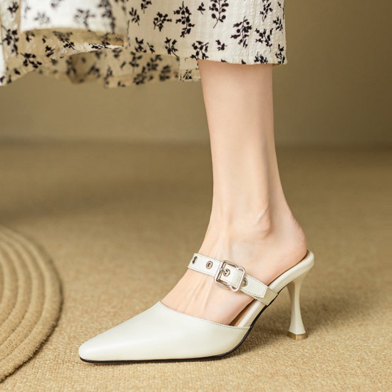 Womens Leather Pointy Toe Buckle Strap Heels Mules Womens Leather Pointy Toe Buckle Strap Heels Mules