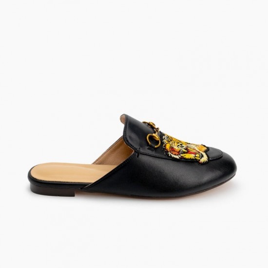 Women Leather Tiger Pattern Slippers Mules Women Leather Tiger Pattern Slippers Mules
