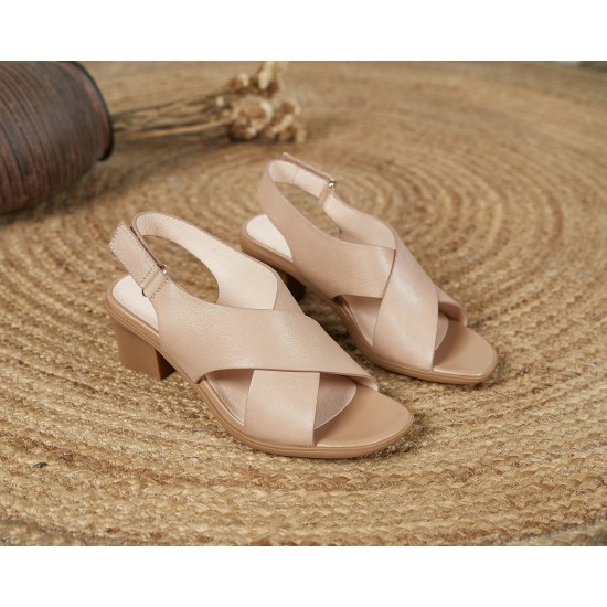 Women's Leather Open Toe Block Heel Cross Strap Sandals Women's Leather Open Toe Block Heel Cross Strap Sandals