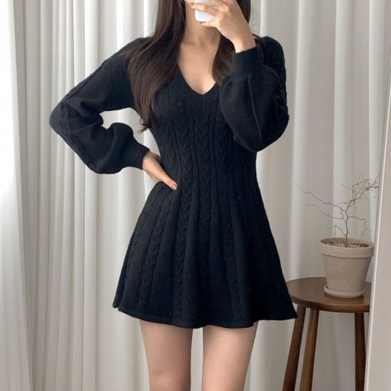Womens Long-Sleeve Cable-Knit V Neck Sweater Mini Dress Womens Long-Sleeve Cable-Knit V Neck Sweater Mini Dress