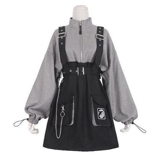 Punk Zipper Chain Pocket Sweatshirt Dress Punk Zipper Chain Pocket Sweatshirt Dress