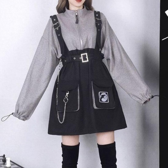 Punk Zipper Chain Pocket Sweatshirt Dress Punk Zipper Chain Pocket Sweatshirt Dress