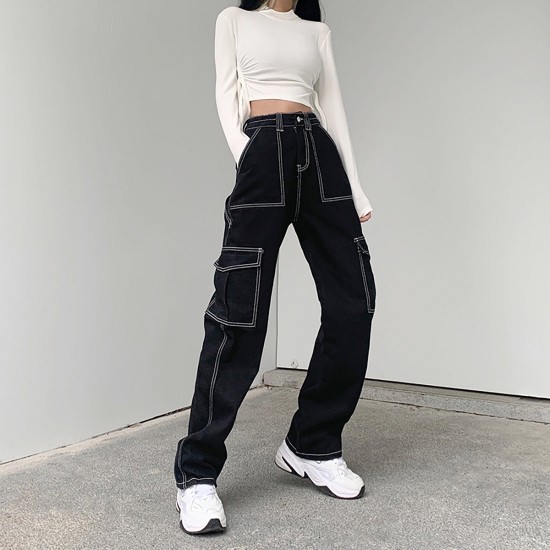 Women's High Waisted Pocket Side Denim Pants Straight Leg Cargo Jeans Women's High Waisted Pocket Side Denim Pants Straight Leg Cargo Jeans