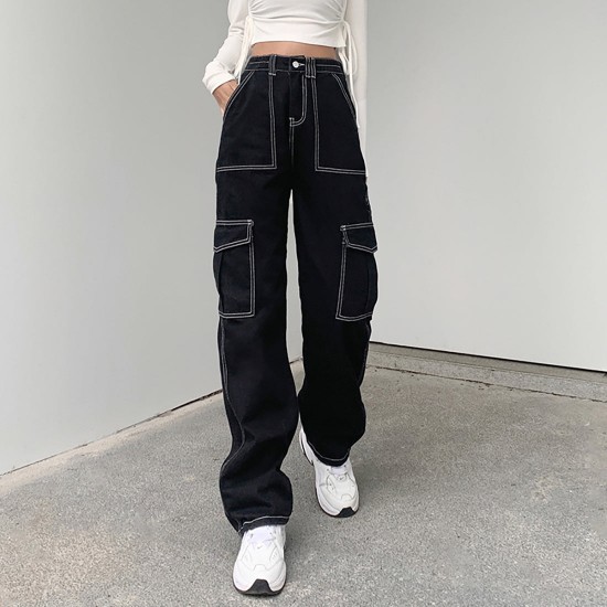 Women's High Waisted Pocket Side Denim Pants Straight Leg Cargo Jeans Women's High Waisted Pocket Side Denim Pants Straight Leg Cargo Jeans