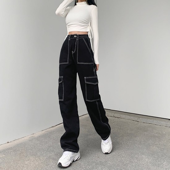 Women's High Waisted Pocket Side Denim Pants Straight Leg Cargo Jeans Women's High Waisted Pocket Side Denim Pants Straight Leg Cargo Jeans