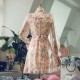Womens Peach Floral Bow Tie Ruffle Dress With Sleeve Womens Peach Floral Bow Tie Ruffle Dress With Sleeve