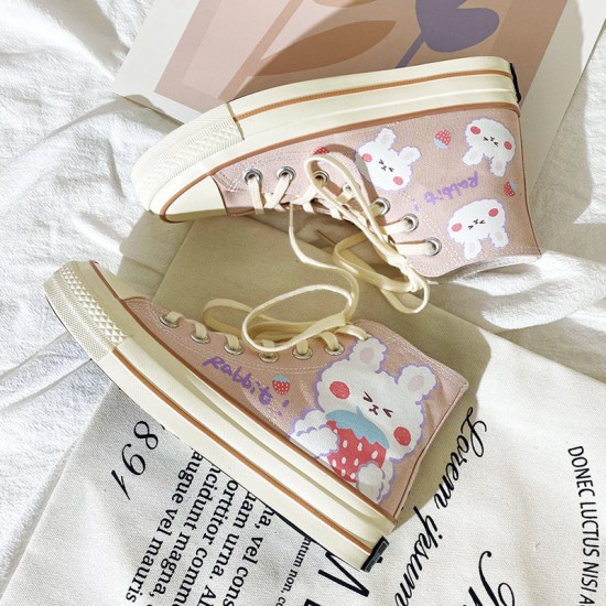 Womens Cute Pink Rabbit Print High Top Canvas Sneakers Womens Cute Pink Rabbit Print High Top Canvas Sneakers
