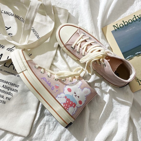 Womens Cute Pink Rabbit Print High Top Canvas Sneakers Womens Cute Pink Rabbit Print High Top Canvas Sneakers