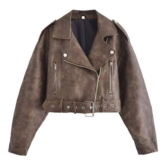 Women's Leather Jacket Bomber Belt Vintage Turn Down Collar Zipper Short Coat Women's Leather Jacket Bomber Belt Vintage Turn Down Collar Zipper Short Coat