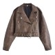 Women's Leather Jacket Bomber Belt Vintage Turn Down Collar Zipper Short Coat Women's Leather Jacket Bomber Belt Vintage Turn Down Collar Zipper Short Coat