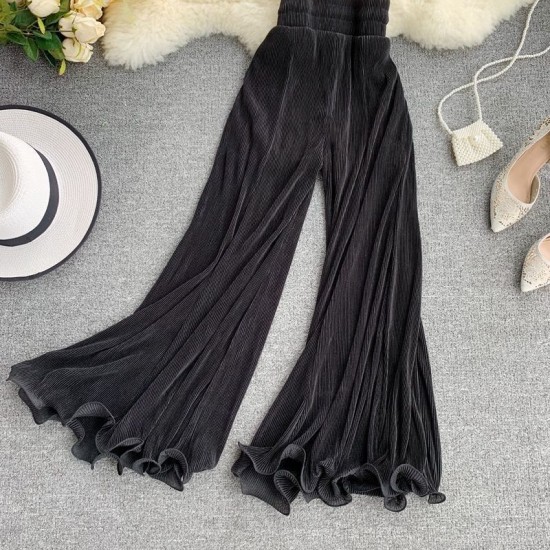 Womens High Elastic Waisted Black Wide Leg Flowy Pants Womens High Elastic Waisted Black Wide Leg Flowy Pants