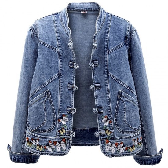 Vintage Autumn Embroidery Women Denim Jackets Washed Blue Jean Coat Vintage Autumn Embroidery Women Denim Jackets Washed Blue Jean Coat