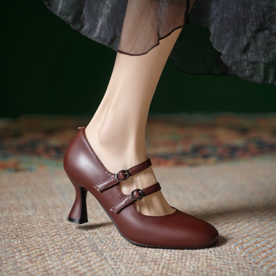 Womens Sheepskin Leather Mary Janes Double-Strap Mid Heel Round Toe Pumps Womens Sheepskin Leather Mary Janes Double-Strap Mid Heel Round Toe Pumps