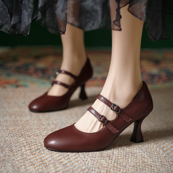 Womens Sheepskin Leather Mary Janes Double-Strap Mid Heel Round Toe Pumps Womens Sheepskin Leather Mary Janes Double-Strap Mid Heel Round Toe Pumps