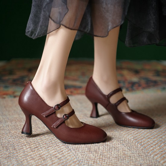 Womens Sheepskin Leather Mary Janes Double-Strap Mid Heel Round Toe Pumps Womens Sheepskin Leather Mary Janes Double-Strap Mid Heel Round Toe Pumps