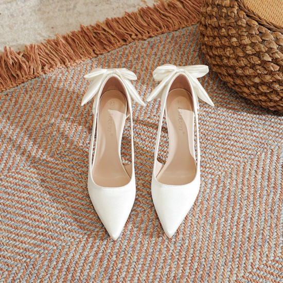 Women's Bowknot Heels French Hollow Pointed Toe Wedding Pumps Women's Bowknot Heels French Hollow Pointed Toe Wedding Pumps
