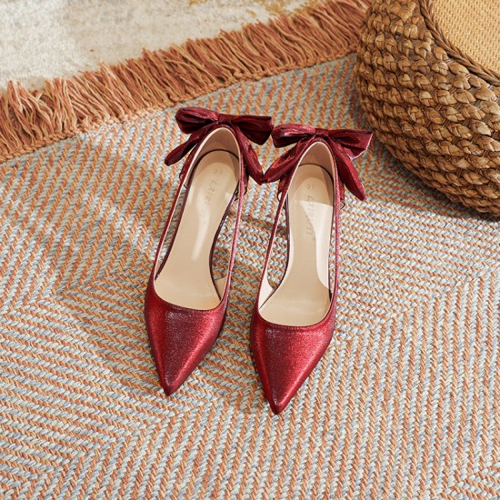Women's Bowknot Heels French Hollow Pointed Toe Wedding Pumps Women's Bowknot Heels French Hollow Pointed Toe Wedding Pumps
