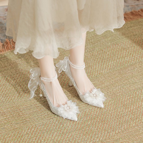 Lace Bow White High Heels Pearl Chain Wedding Party Women's Shoes Lace Bow White High Heels Pearl Chain Wedding Party Women's Shoes