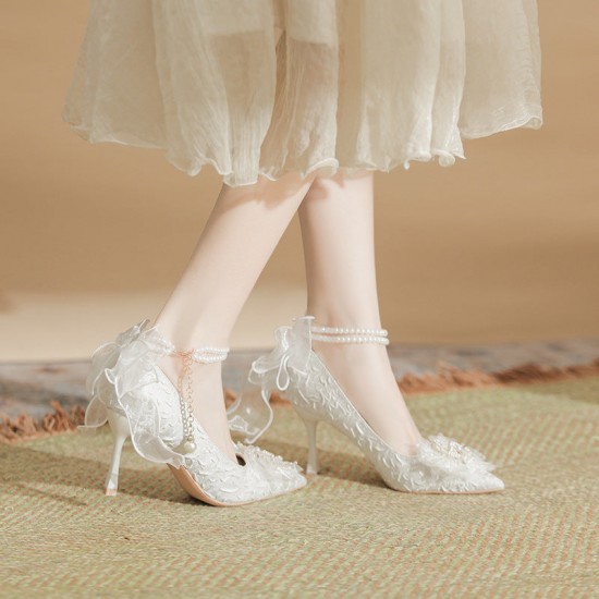 Lace Bow White High Heels Pearl Chain Wedding Party Women's Shoes Lace Bow White High Heels Pearl Chain Wedding Party Women's Shoes