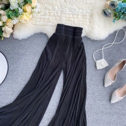 Womens High Elastic Waisted Black Wide Leg Flowy Pants