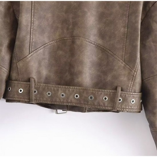 Women's Leather Jacket Bomber Belt Vintage Turn Down Collar Zipper Short Coat Women's Leather Jacket Bomber Belt Vintage Turn Down Collar Zipper Short Coat