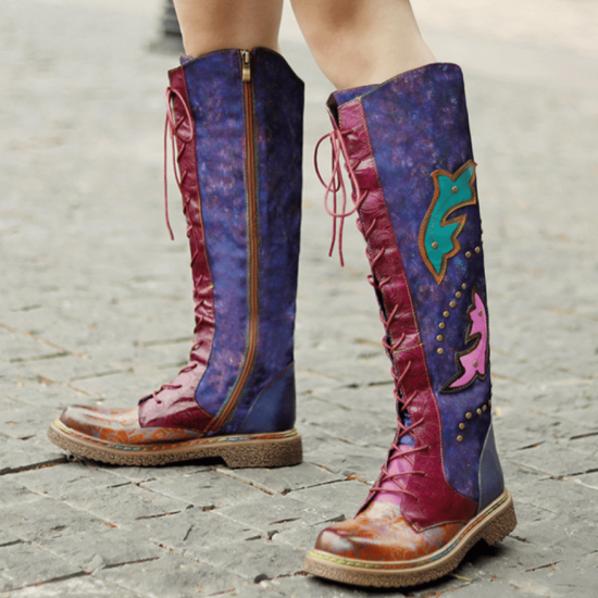 Womens Purple & Burgundy Patchwork Lace-Up Leather Cowboy Boot Womens Purple & Burgundy Patchwork Lace-Up Leather Cowboy Boot