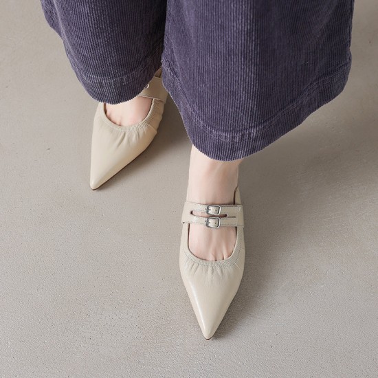 Womens Pointed Toe Stylish Double Buckle Sheepskin Low Heel Mule Shoes Womens Pointed Toe Stylish Double Buckle Sheepskin Low Heel Mule Shoes
