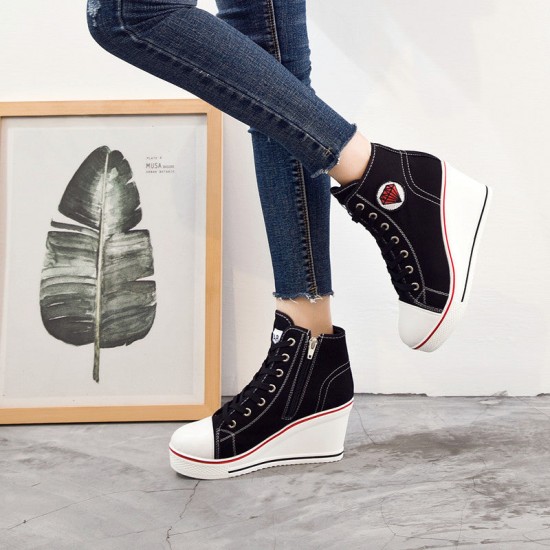 Womens Wedge Chunky Heel Casual Zipper Lace-up Canvas Shoes Womens Wedge Chunky Heel Casual Zipper Lace-up Canvas Shoes