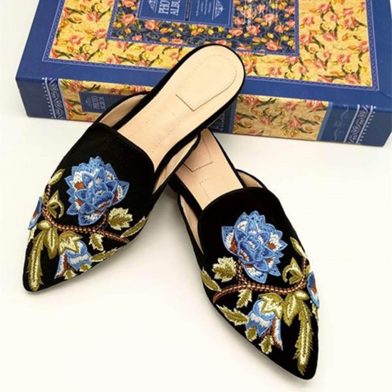 Women Flower Embroidery Mule Flats Shoes Women Flower Embroidery Mule Flats Shoes
