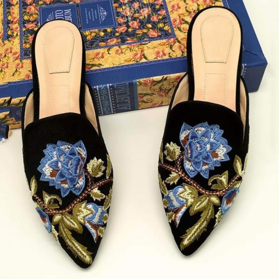 Women Flower Embroidery Mule Flats Shoes Women Flower Embroidery Mule Flats Shoes