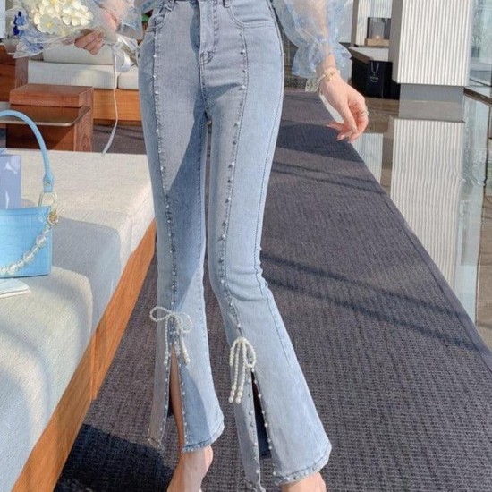 Pearl Decorated Slit Denim Pants Bottoms Pearl Decorated Slit Denim Pants Bottoms