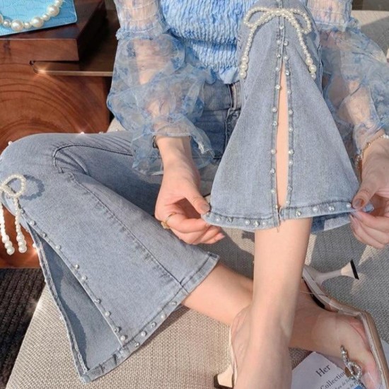 Pearl Decorated Slit Denim Pants Bottoms Pearl Decorated Slit Denim Pants Bottoms