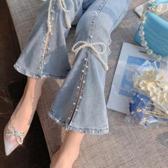 Pearl Decorated Slit Denim Pants Bottoms Pearl Decorated Slit Denim Pants Bottoms