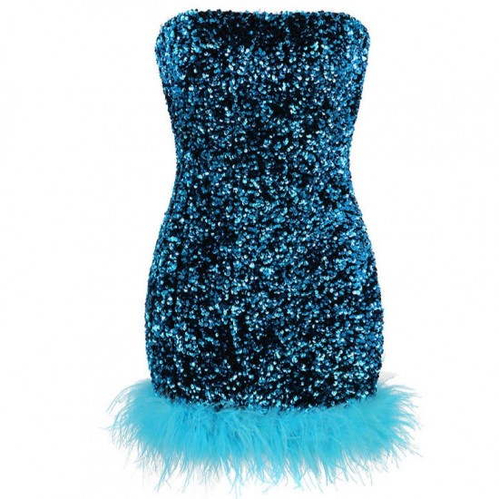 Women Sequin Bandeau Ostrich-Trim Prom Mini Dress Women Sequin Bandeau Ostrich-Trim Prom Mini Dress