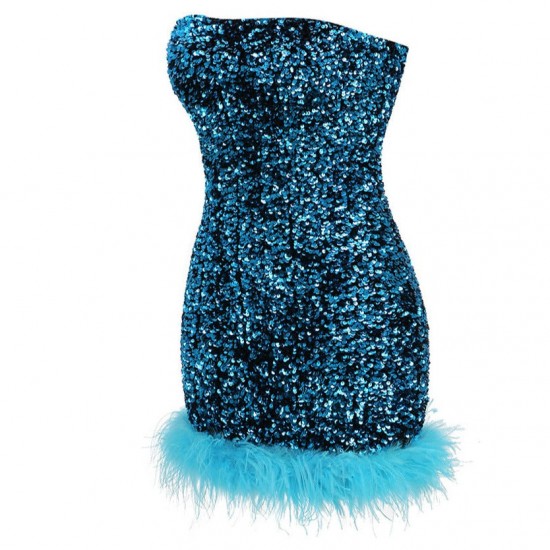 Women Sequin Bandeau Ostrich-Trim Prom Mini Dress Women Sequin Bandeau Ostrich-Trim Prom Mini Dress