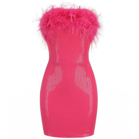 Women Sequin Bandeau Feather Prom Mini Dress Women Sequin Bandeau Feather Prom Mini Dress