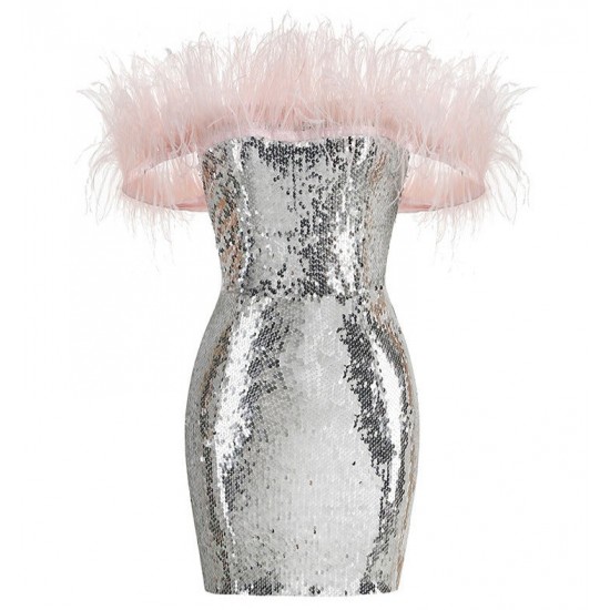 Women Sequin Off-shoulder Feather Prom Mini Dress Women Sequin Off-shoulder Feather Prom Mini Dress