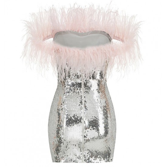 Women Sequin Off-shoulder Feather Prom Mini Dress Women Sequin Off-shoulder Feather Prom Mini Dress